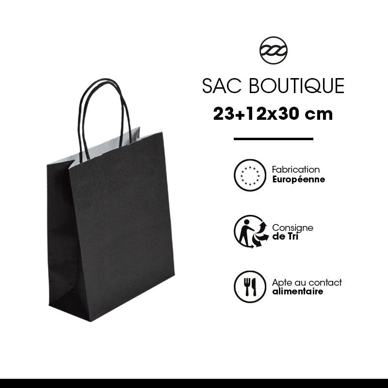 Sac FESTIVAL NOIR | kraft blanc | poignées torsadées | 23+12x30cm | par 250
