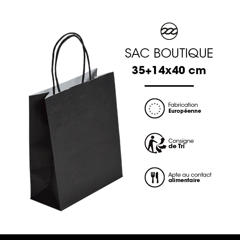 Sac FESTIVAL NOIR | kraft blanc | poignées torsadées | 35+14x40cm | par 250