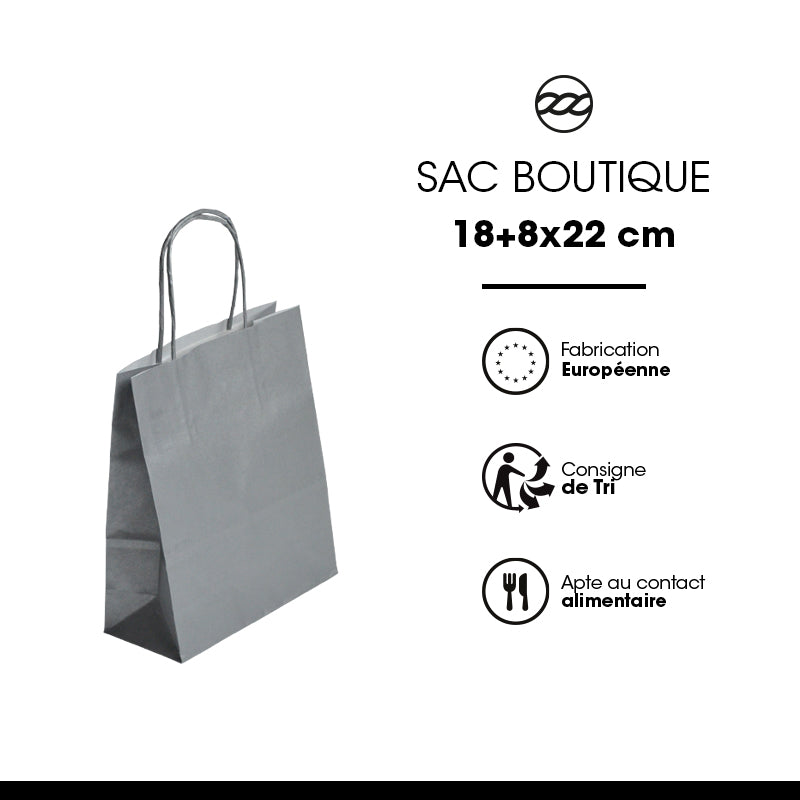 Sac FESTIVAL ARGENT | kraft blanc | poignées torsadées | 18+8x22cm | par 300