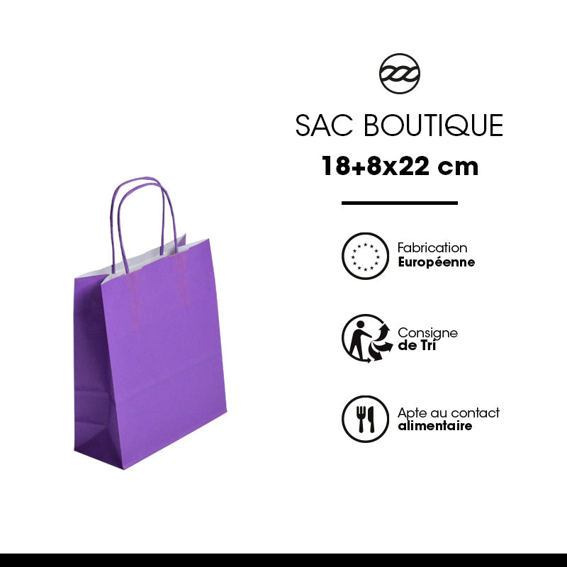 Sac FESTIVAL VIOLET | kraft blanc | poignées torsadées | 18+8x22cm | par 300