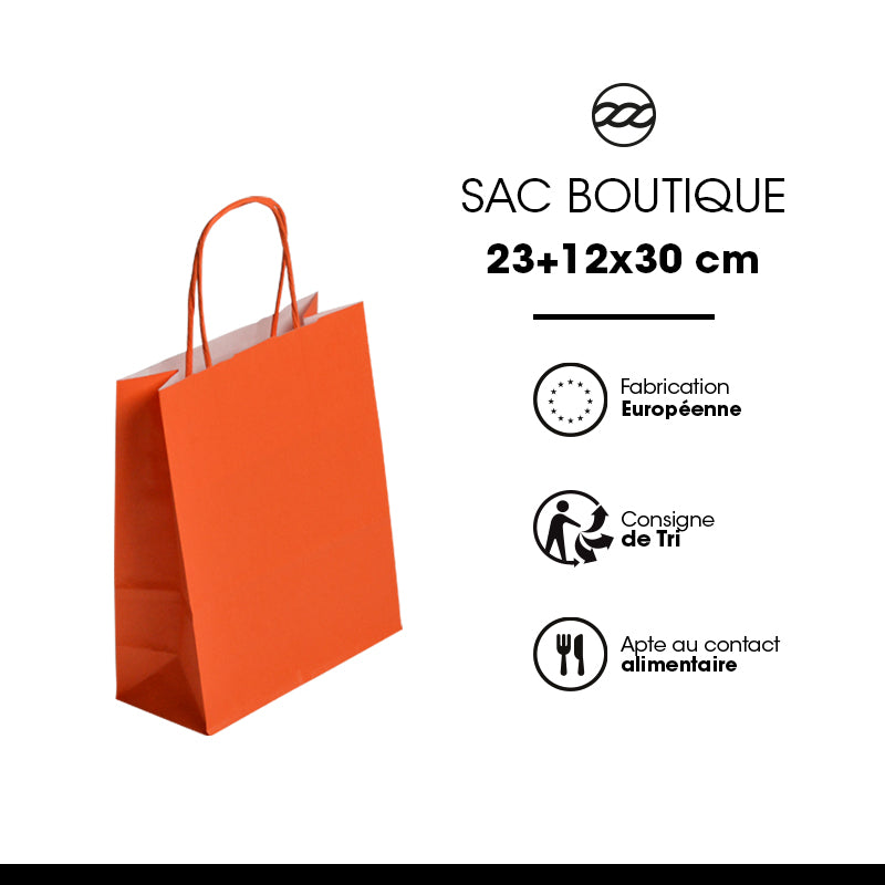 Sac FESTIVAL ORANGE | kraft blanc | poignées torsadées | 23+12x30cm | par 250