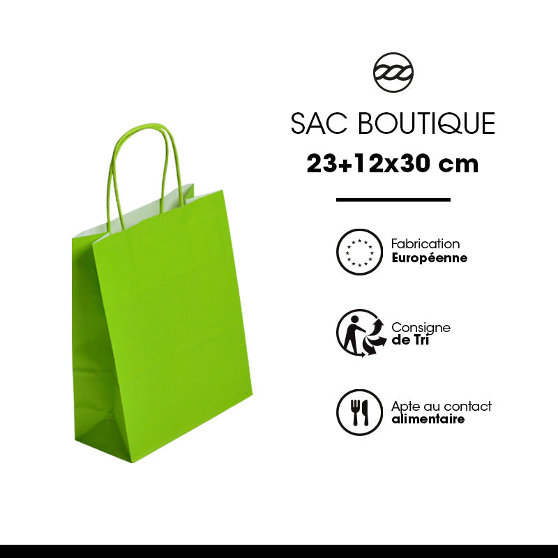 Sac FESTIVAL VERT ACIDULÉ | kraft blanc | poignées torsadées | 23+12x30cm | par 250
