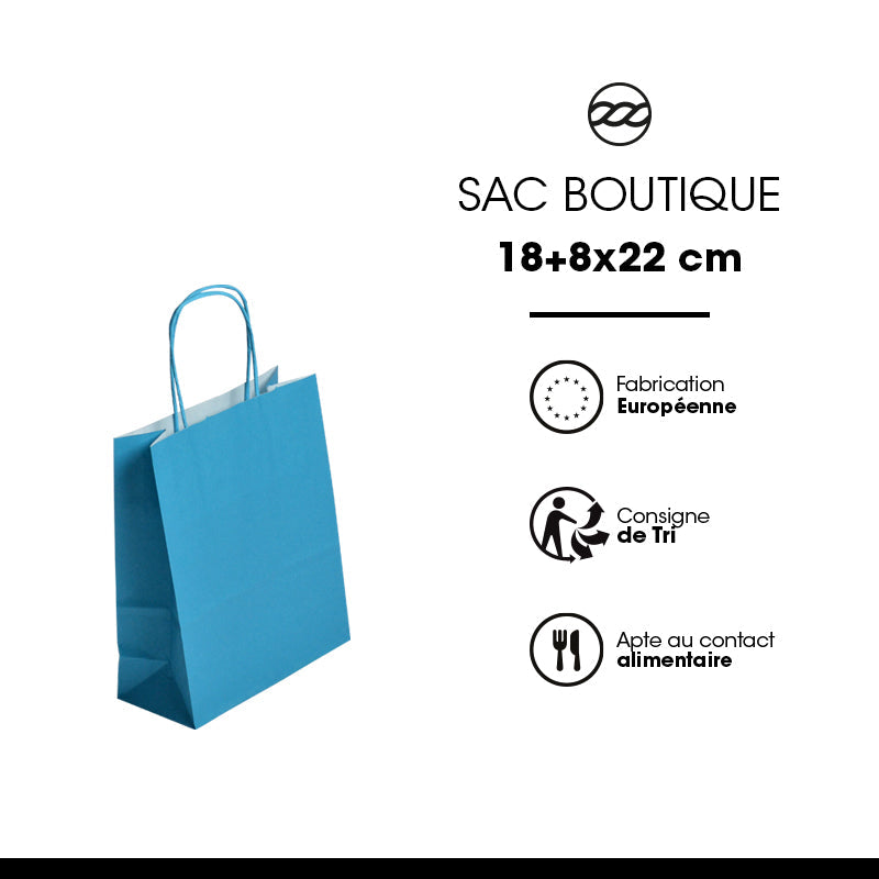 Sac Festival TURQUOISE| kraft blanc | poignées torsadées | 18+8x22cm | par 300