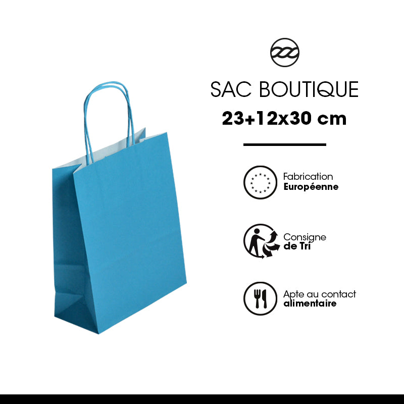 Sac FESTIVAL TURQUOISE | kraft blanc | poignées torsadées | 23+12x30cm | par 250
