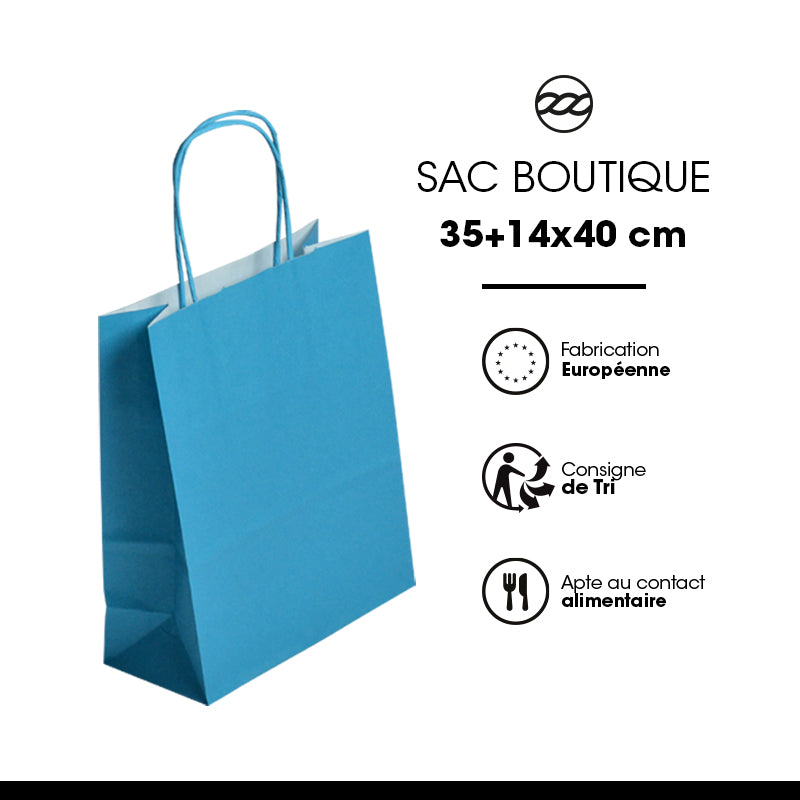 Sac FESTIVAL TURQUOISE | kraft blanc | poignées torsadées | 35+14x40cm | par 250