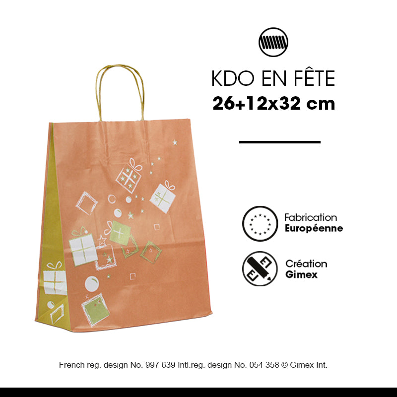 Sac Kdo en Fête | kraft blanc | poignées torsadées | 26+12x32cm | par 250