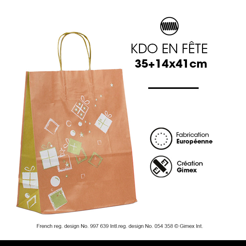 Sac Kdo en Fête|kraft blanc|poignées torsadées|35+14x41cm|par 250