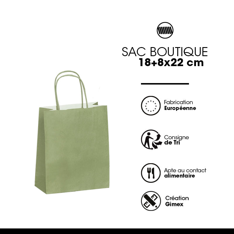 Sac FESTIVAL VERT AMANDE | kraft blanc | poignées torsadées | 18+8x22cm | par 300