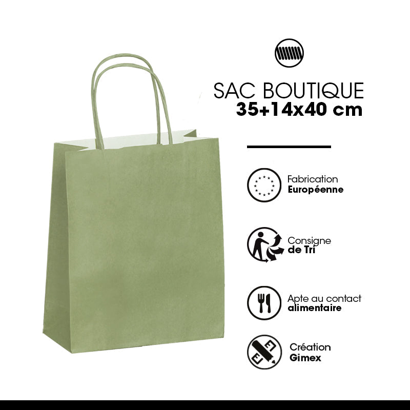 Sac FESTIVAL VERT | kraft blanc | poignées torsadées | 35+14x40cm | par 250