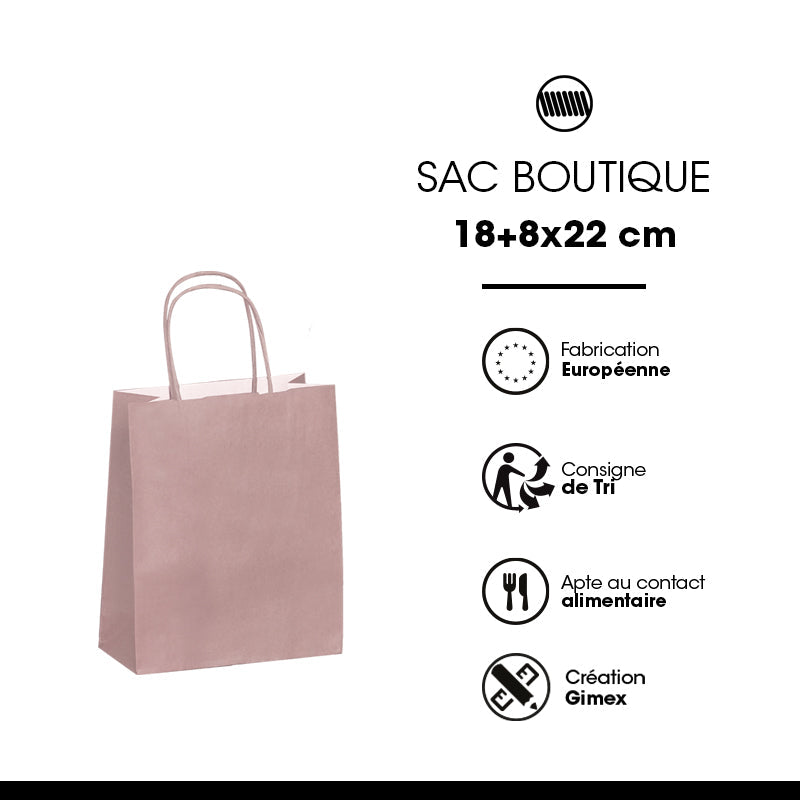 Sac FESTIVAL ROSE POUDRE | kraft blanc | poignées torsadées | 18+8x22cm | par 300