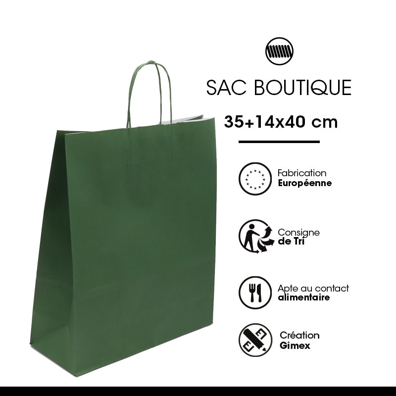 Sac FESTIVAL VERT | kraft blanc | poignées torsadées | 35+14x40cm | par 250