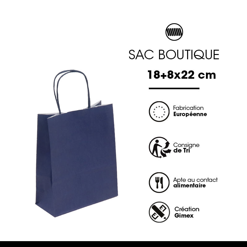 Sac FESTIVAL BLEU NAVY | kraft blanc | poignées torsadées | 18+8x22cm | par 300
