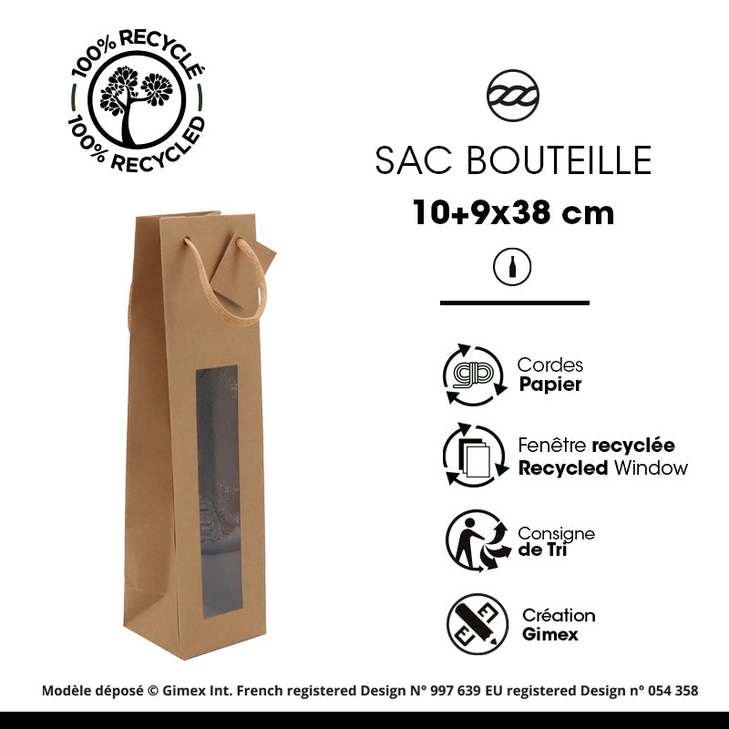 Sac 1 bouteille à fenêtre | kraft brun | poignées papier | 10+9x38cm | par 200
