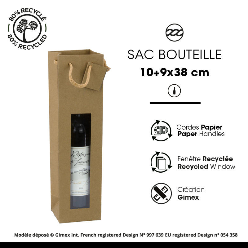 Sac 1 bouteille à fenêtre | kraft brun | poignées papier | 10+9x38cm | par 200