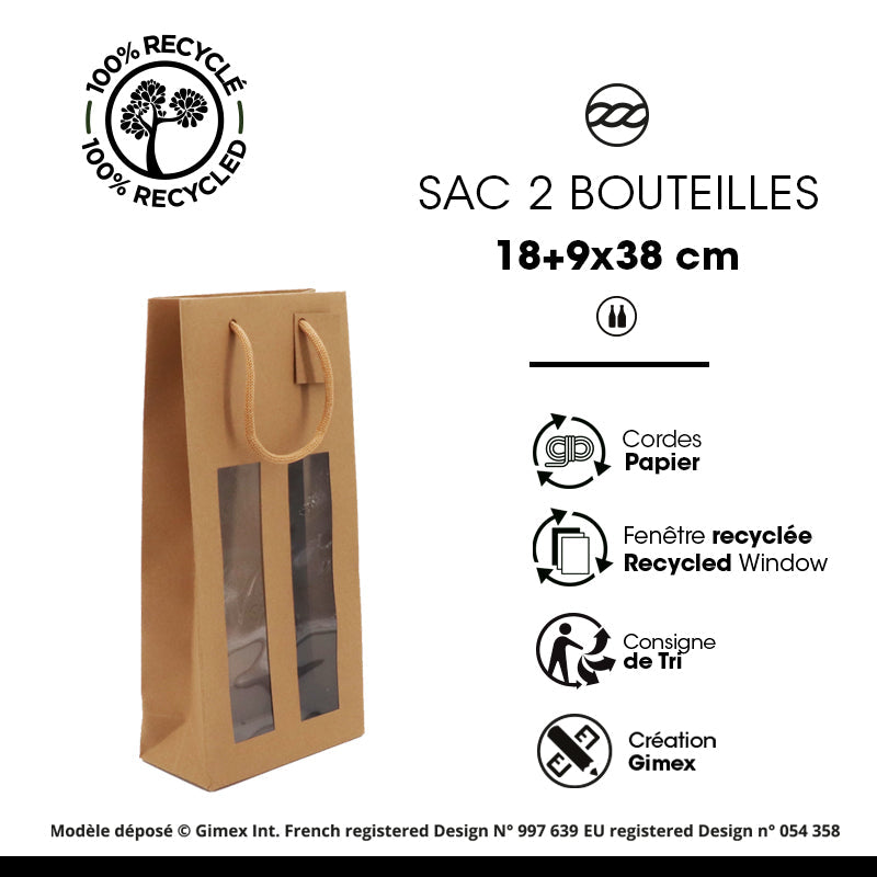 Sac 2 bouteilles à fenêtre|kraft brun|poignées papier|18+9x38cm|par 100