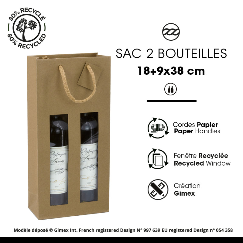 Sac 2 bouteilles à fenêtre | kraft brun | poignées papier | 18+9x38cm | par 100