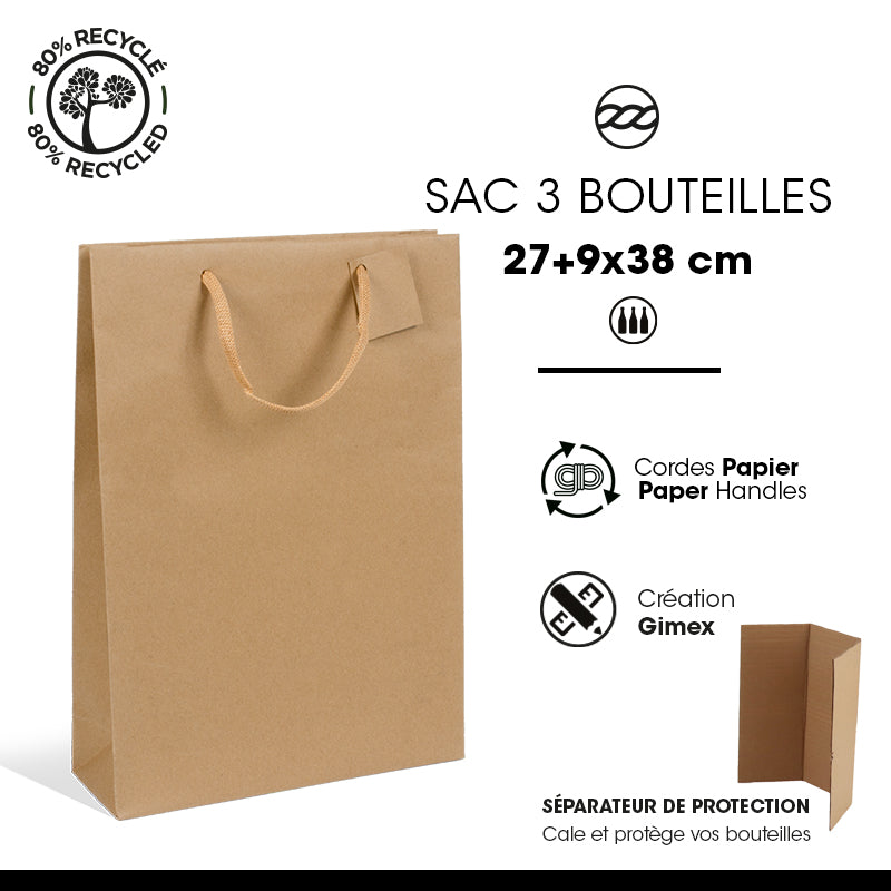 Sac 3 bouteilles|kraft brun|poignées papier|27+9x38cm|par 100