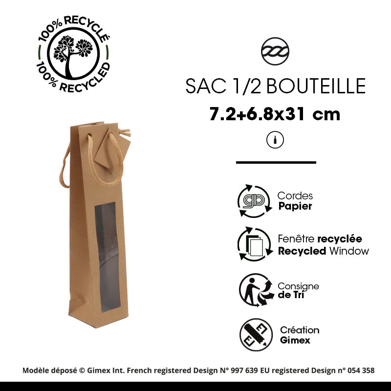 Sac 1 bouteille à fenêtre | kraft brun | poignées papier | 7,2+6,8x31cm | par 400