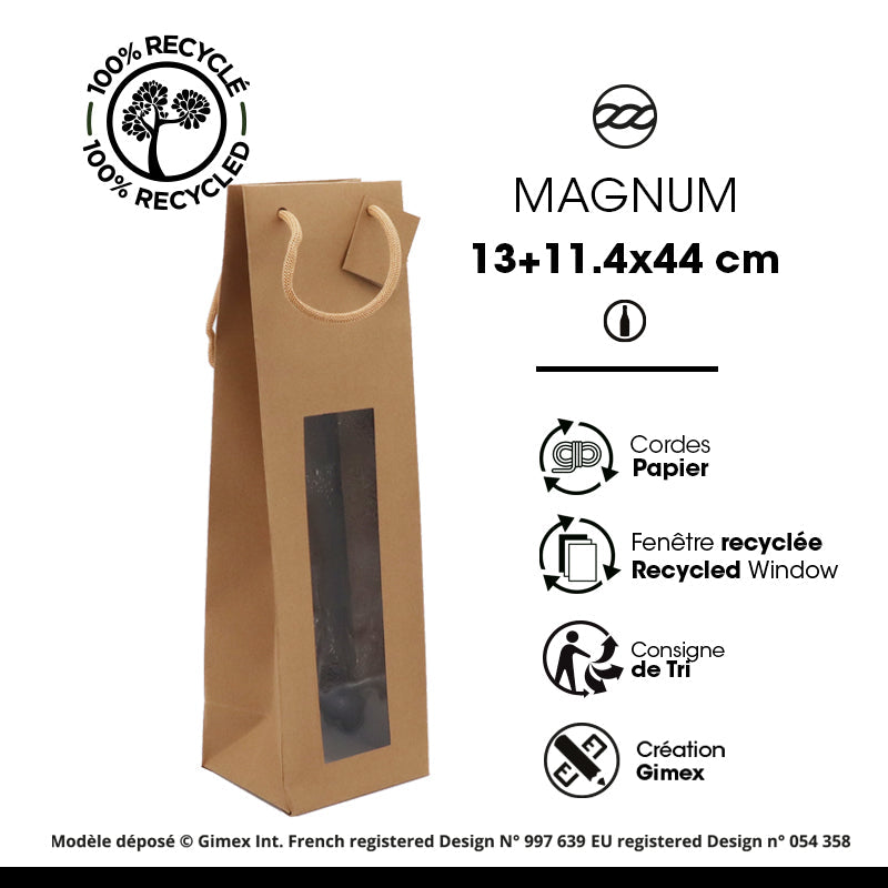 Sac 1 magnum à fenêtre | kraft brun | poignées papier | 13+11,4x44cm | par 100