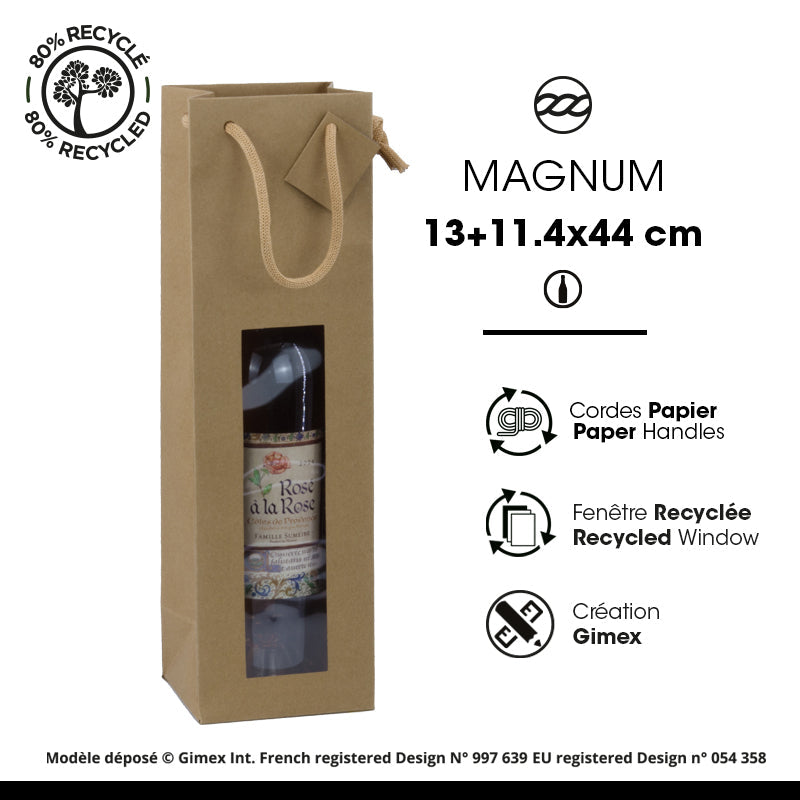 Sac 1 magnum à fenêtre|kraft brun|poignées papier|13+11,4x44cm|par 100