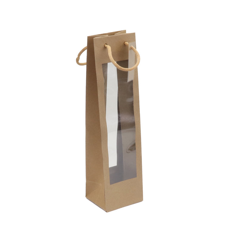 Sac 1 bouteille double fenêtre XL | kraft brun | poignées cordelières | 10+9x38cm | par 100