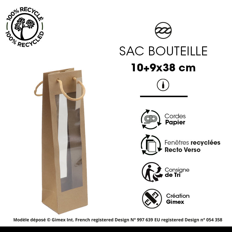 Sac 1 bouteille double fenêtre XL | kraft brun | poignées cordelières | 10+9x38cm | par 100