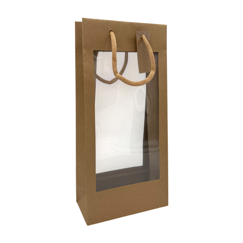 Sac 2 bouteilles double fenêtre | kraft brun | poignées cordelières | 18+9x38cm | par 100