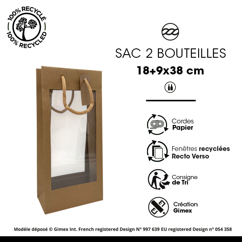 Sac 2 bouteilles double fenêtre | kraft brun | poignées cordelières | 18+9x38cm | par 100