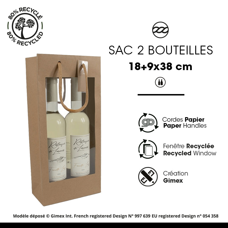 2 bottle bag with double window XL | brown kraft | paper handles | 18+9x38cm | per 100