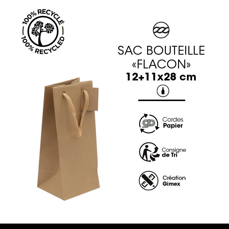 Sac 1 bouteille flacon  | kraft brun | poignées papier | 12x11x28cm | par 200