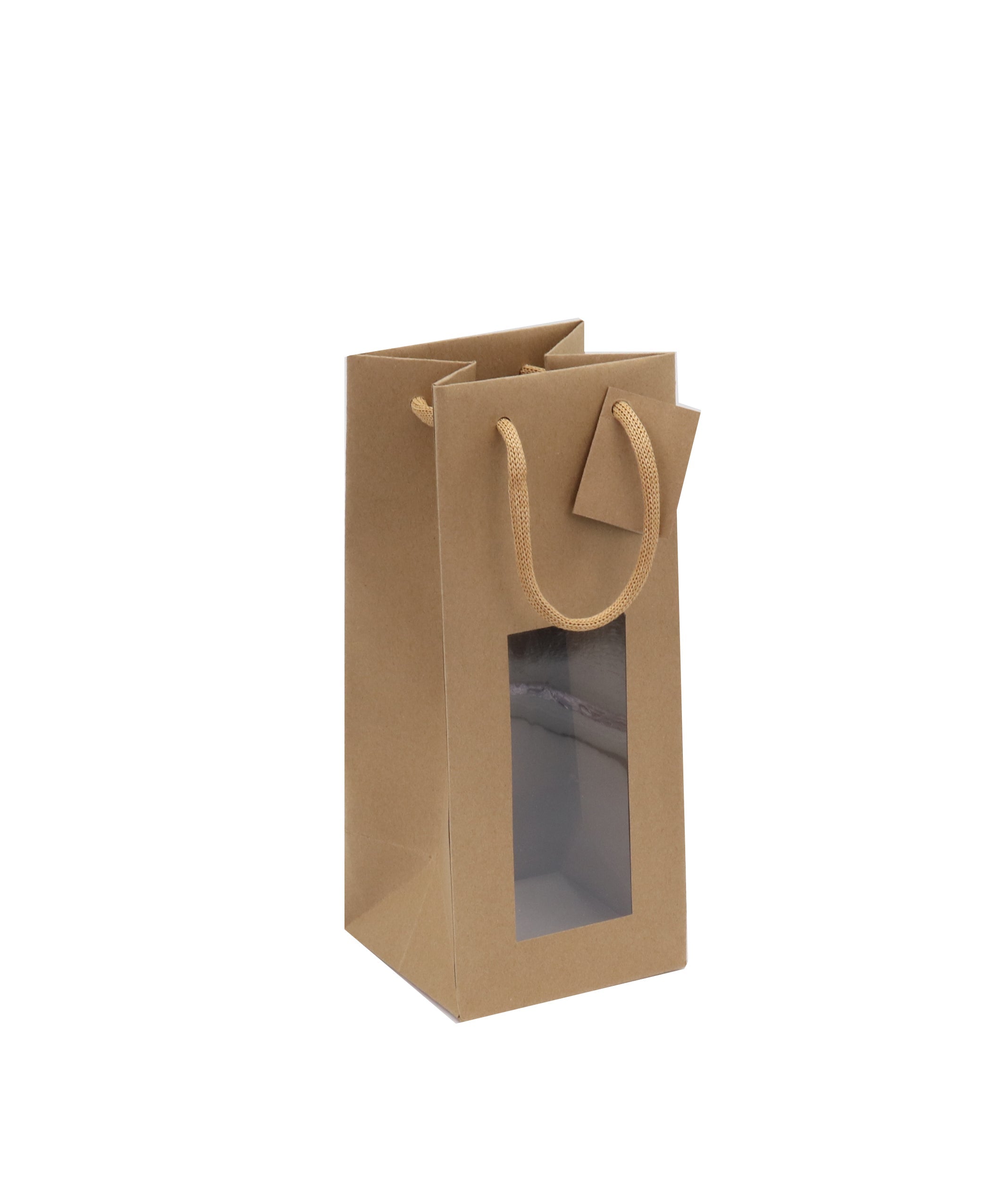 Sac 1 bouteille flacon fenêtre | kraft brun | poignées papier | 12x11x28cm | par 200