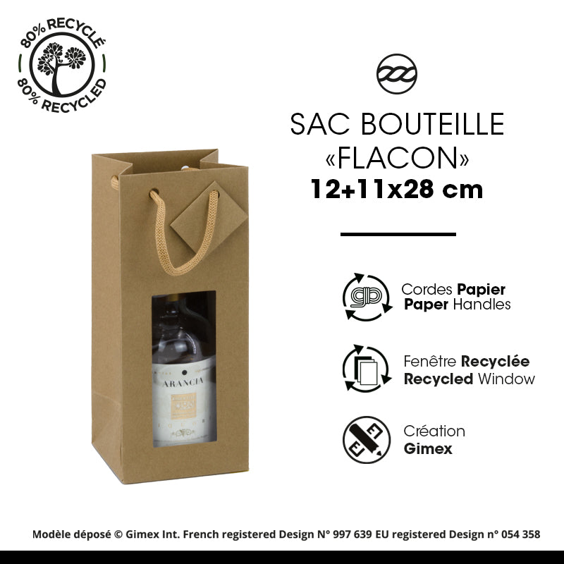 Sac 1 bouteille flacon fenêtre|kraft brun|poignées papier|12x11x28cm | par 200