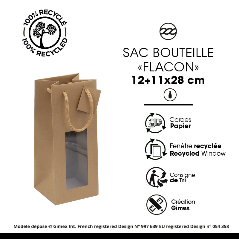 Sac 1 bouteille flacon fenêtre | kraft brun | poignées papier | 12x11x28cm | par 200