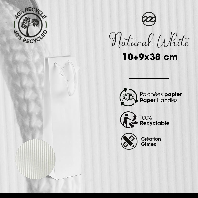 Sac 1 bouteille Natural White|kraft blanc|poignées papier| 10+9x38cm | par 200