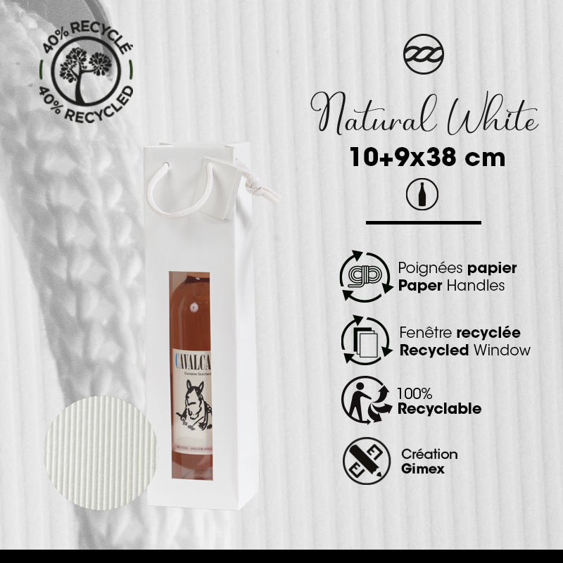 1 bottle bag with Natural White window | white kraft | paper handles | 10+9x38cm | 200