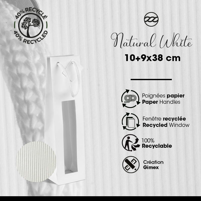 Sac 1 bouteille fenêtre Natural White |kraft blanc|poignées papier|10+9x38cm|par 200