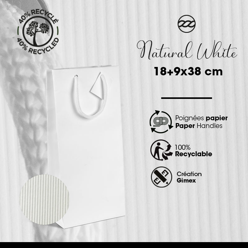 Sac 2 bouteilles Natural White|kraft blanc|poignées papier|18+9x38cm|par 100