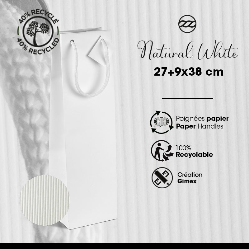 Sac magnum Natural White  | kraft blanc | poignées papier | 13+11,4x44cm | par 100