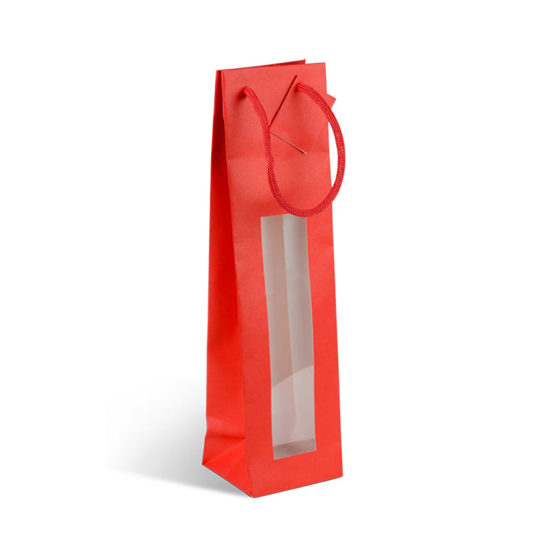 1 Bottle Window Bag Natural Red | red kraft | paper handles | 10+9x38cm | 200