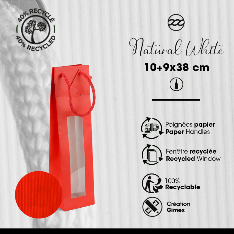 1 Bottle Window Bag Natural Red | red kraft | paper handles | 10+9x38cm | 200