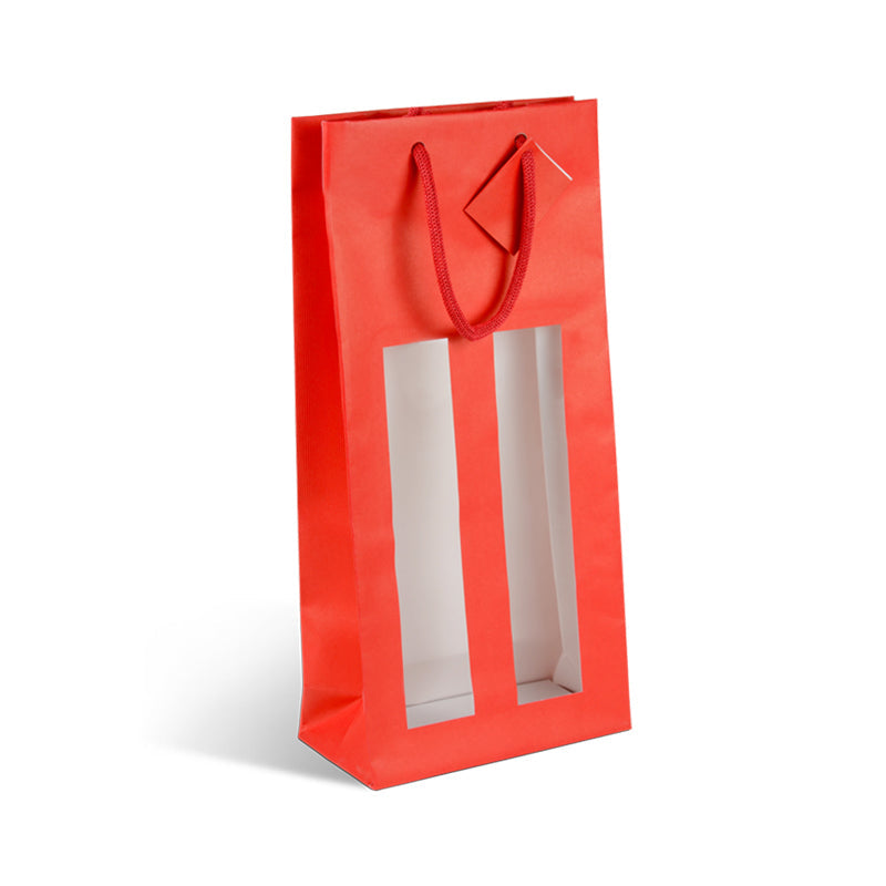 Sac 2 bouteilles à fenêtre Natural Red|kraft rouge|poignées papier|18+9x38cm|par 100
