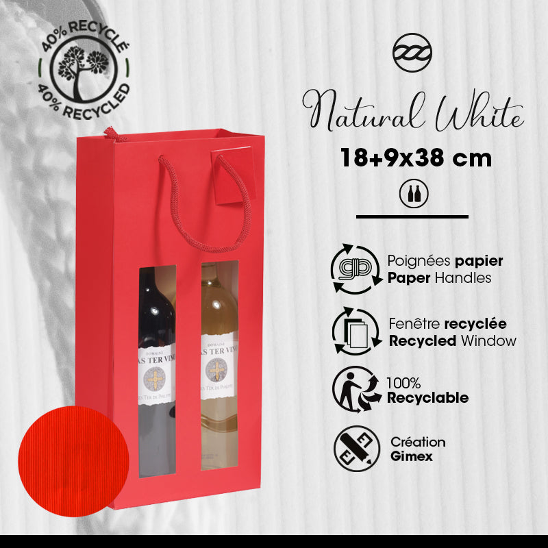 2-bottle bag with window Natural Red | red kraft | paper handles | 18+9x38cm | 100 per bag