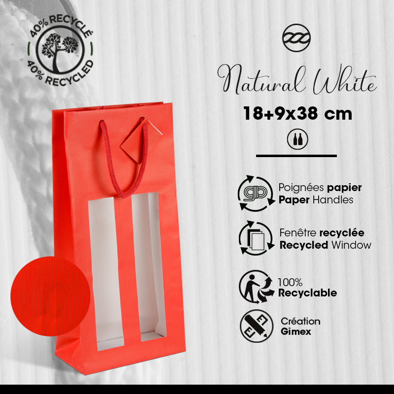 Natural Red 2-bottle window bag | red kraft | paper handles | 18+9x38cm | 100 per pack
