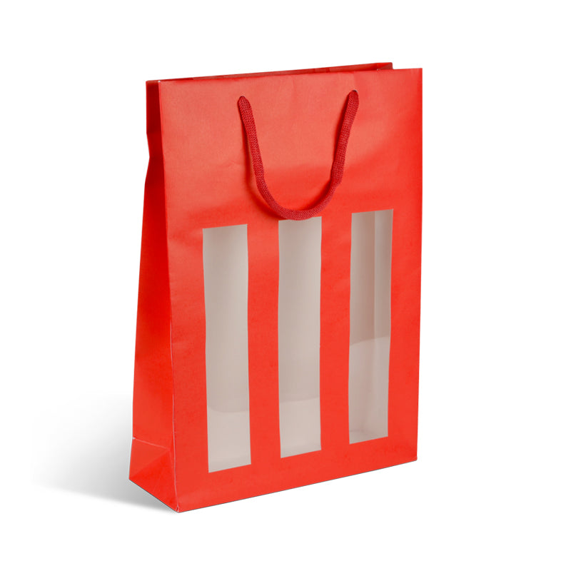 Sac 3 bouteilles à fenêtre Natural Red|kraft rouge|poignées papier|27+9x38cm|par 100