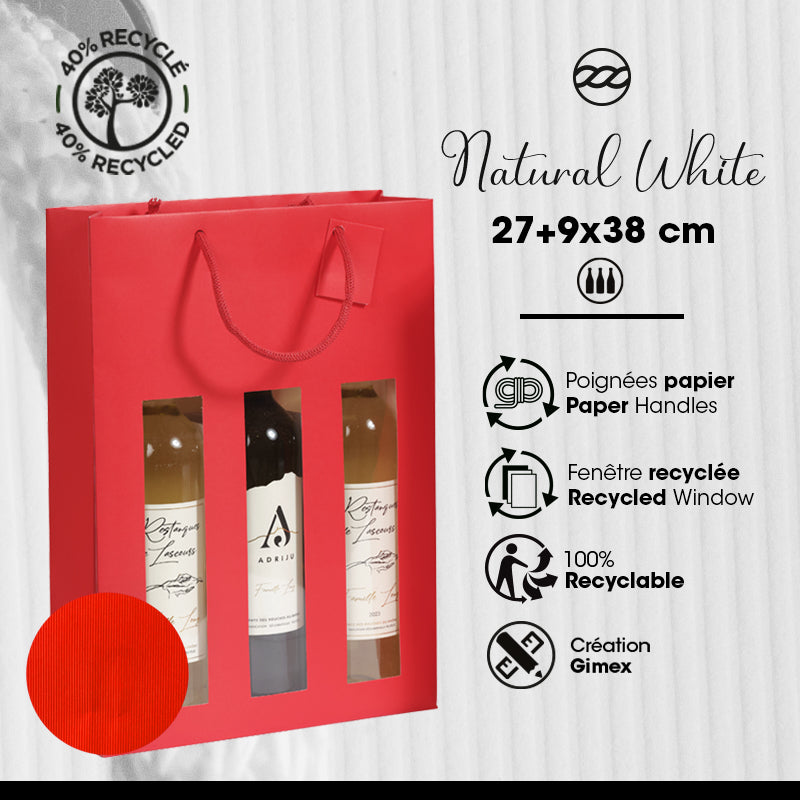 3-bottle bag with window Natural Red | red kraft | paper handles | 27+9x38cm | 100 per bag