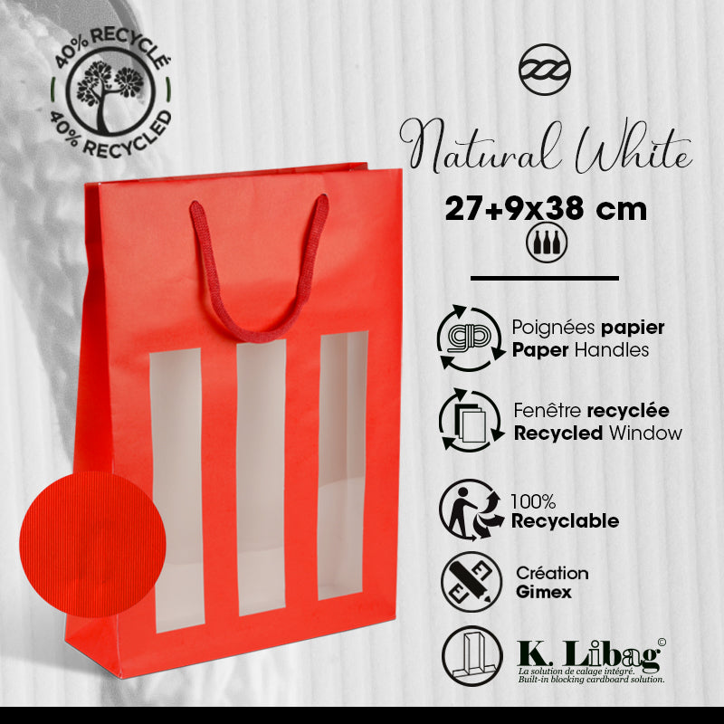 3-bottle bag with window Natural Red | red kraft | paper handles | 27+9x38cm | per 100