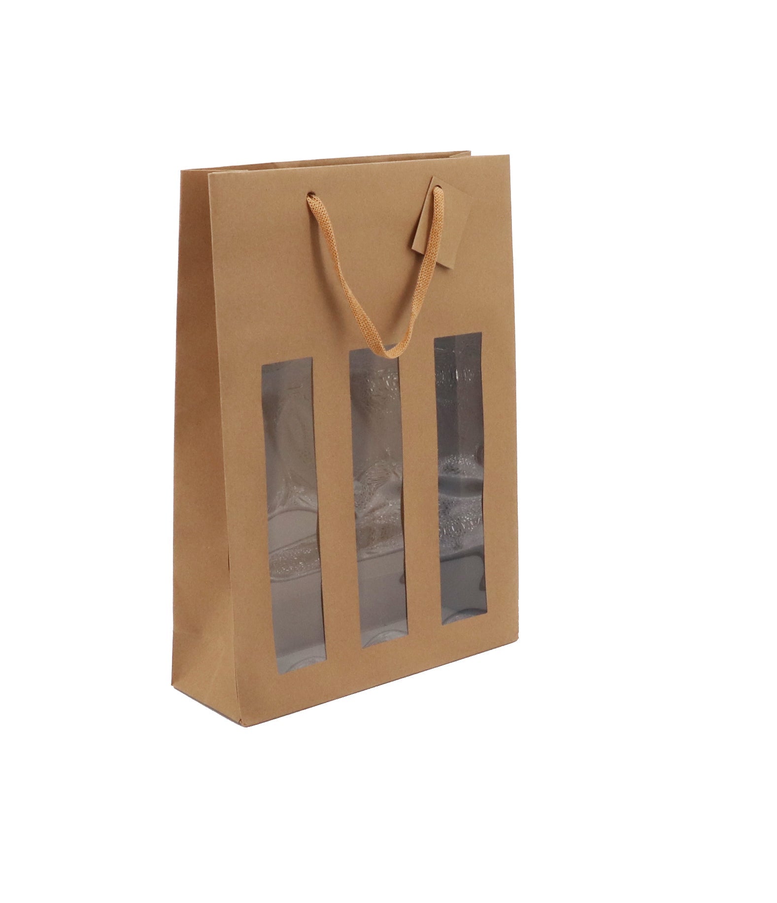 Sac 3 bouteilles à fenêtre | kraft brun | poignées papier | 27+9x38cm | par 100