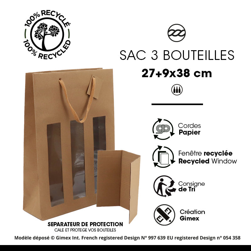Sac 3 bouteilles à fenêtre | kraft brun | poignées papier | 27+9x38cm | par 100