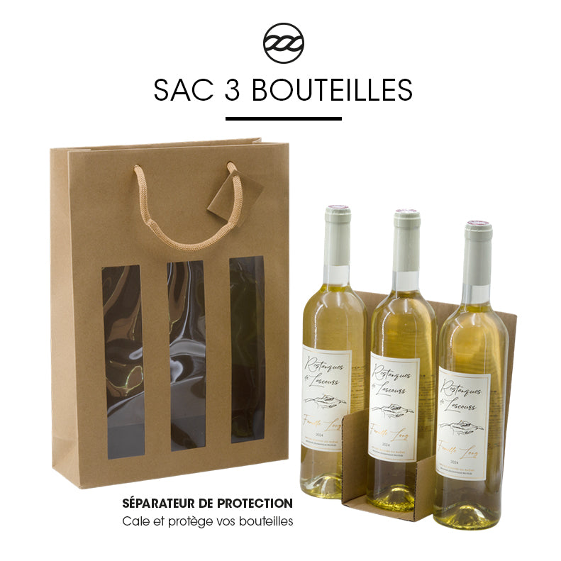 Sac 3 bouteilles à fenêtre | kraft brun | poignées papier | 27+9x38cm | par 100