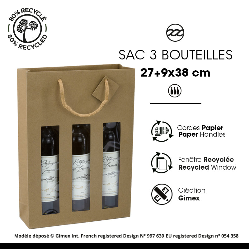 Sac 3 bouteilles à fenêtre | kraft brun | poignées papier | 27+9x38cm | par 100